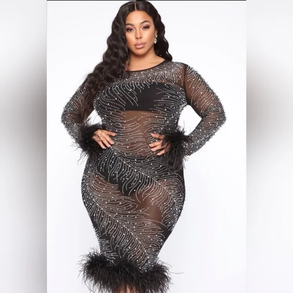 Fashion Nova Plus Size Feather Trim Beaded Sheer Mesh Dress - Picture 1 of 15
